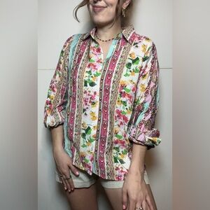 Emily Wonder Boho Floral Button Down Blouse Colorful Patchwork Top Medium